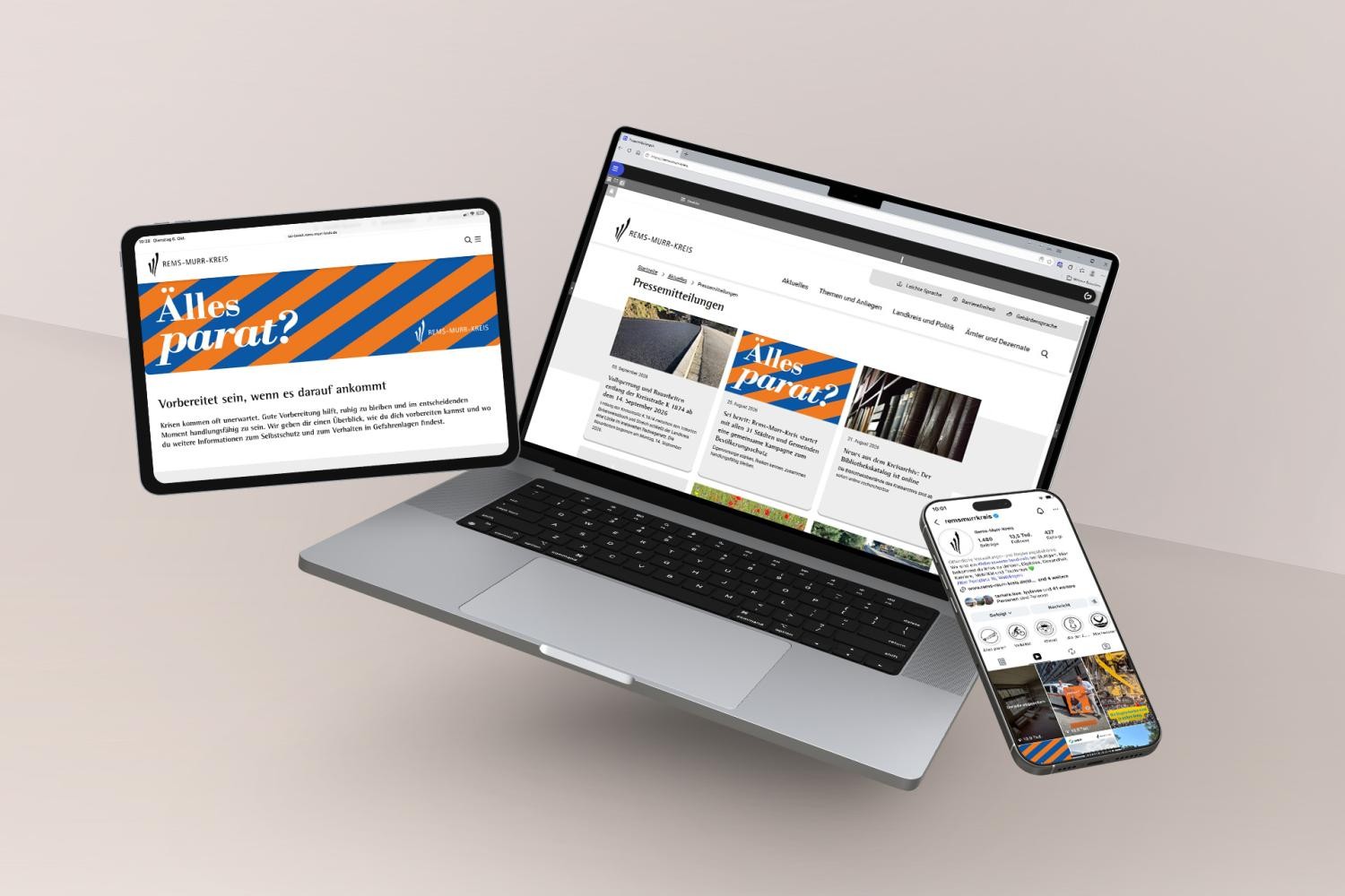 Tablet, Laptop und Handy mit Inhalten von der Pressestelle des Landratsamtes Rems-Murr-Kreis bereitgestellt