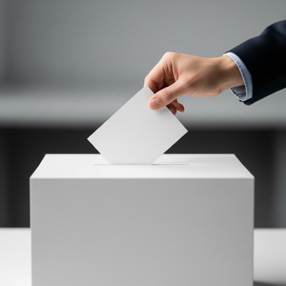 Ein Stimmzettel wird in eine weiße Wahlurne geworfen